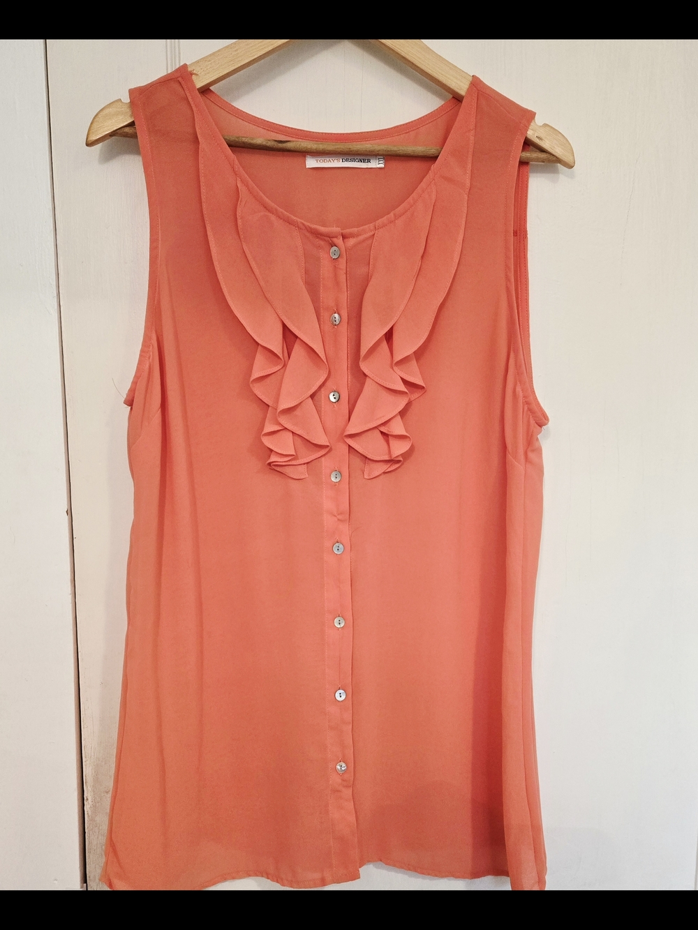 Women's Sleeveless Ruffle Button-Front Blouse in Coral